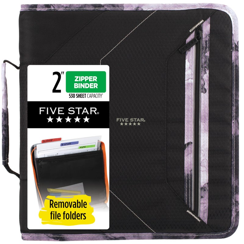Five Star Zipper Binder, 2 Inch 3-Ring Binder for School, 530 Sheet Capacity, 3 Removable Tabbed File Folders, Black (29036IT8) - Image 1